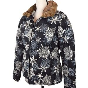 Eddie Bauer Goose Down Snowflake‎ Print Faux Fur Winter Jacket, Small